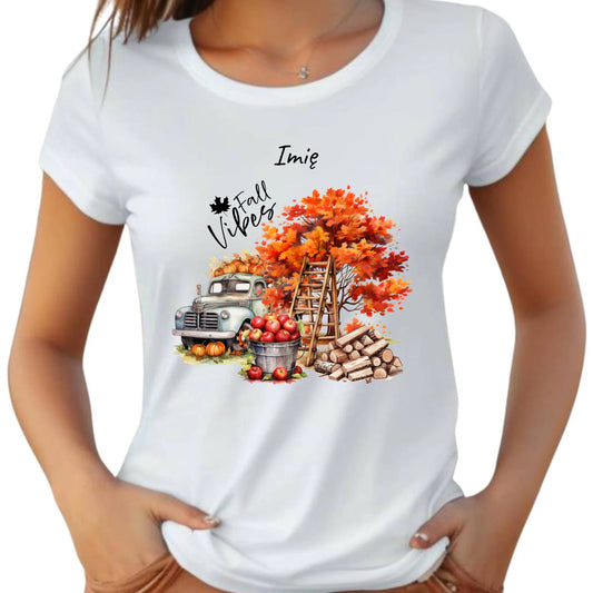 Koszulka damska jesienna – Vintage auto dynie i jabłka – personalizowana JS07 - StoryCups.pl