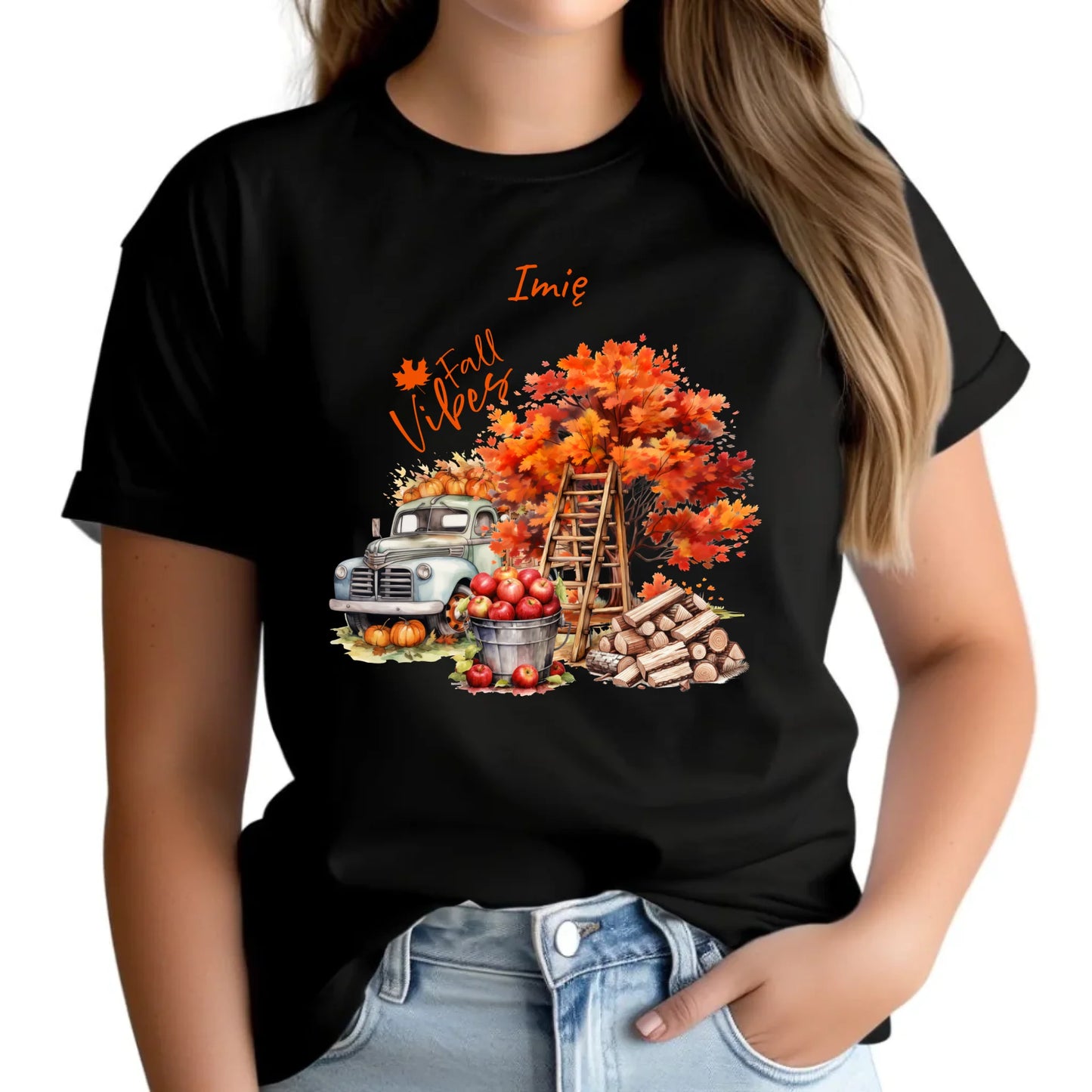 Koszulka damska jesienna – Vintage auto dynie i jabłka – personalizowana JS07 - StoryCups.pl