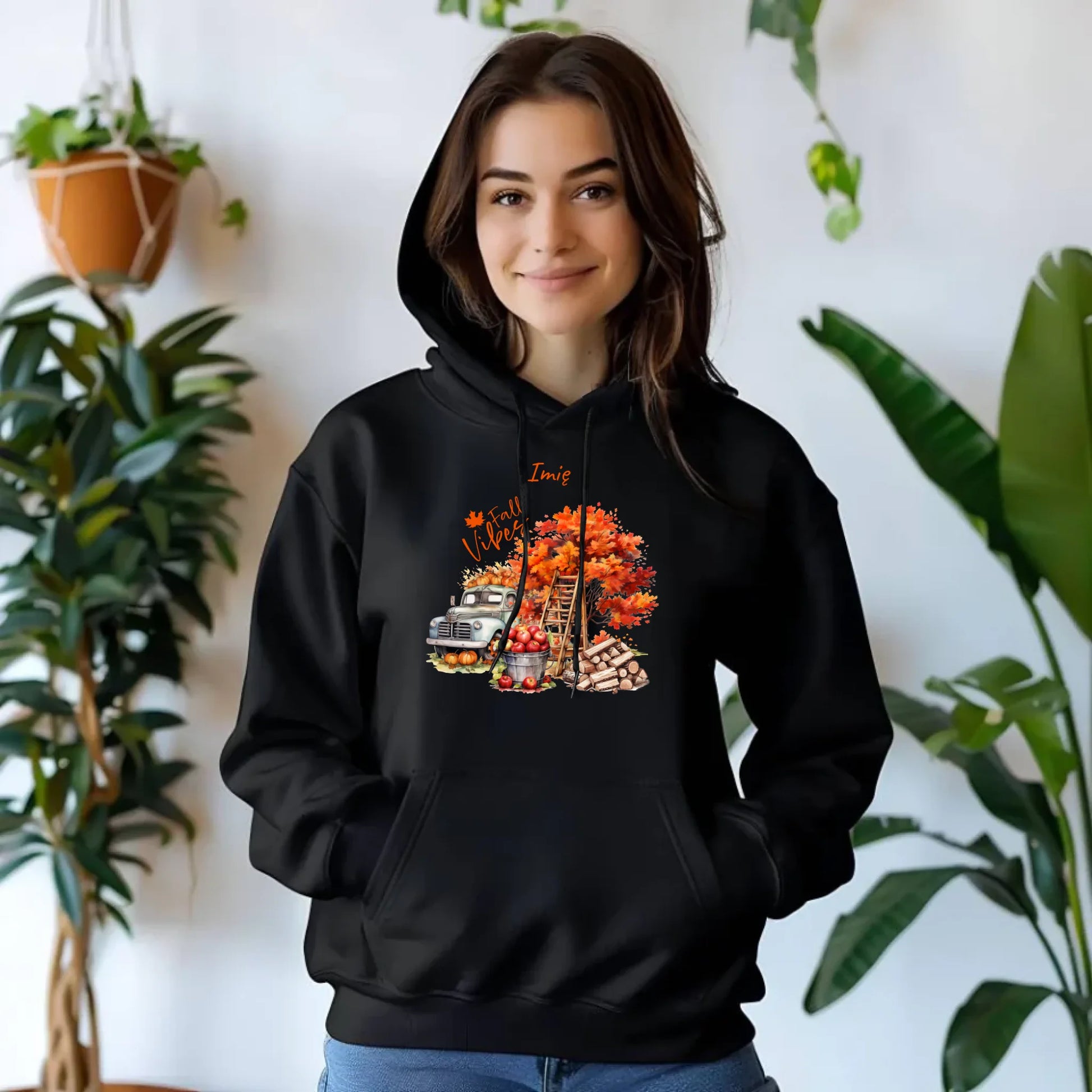 Bluza damska z kapturem jesienna – Vintage auto dynie i jabłka – personalizowana JS07 - StoryCups.pl