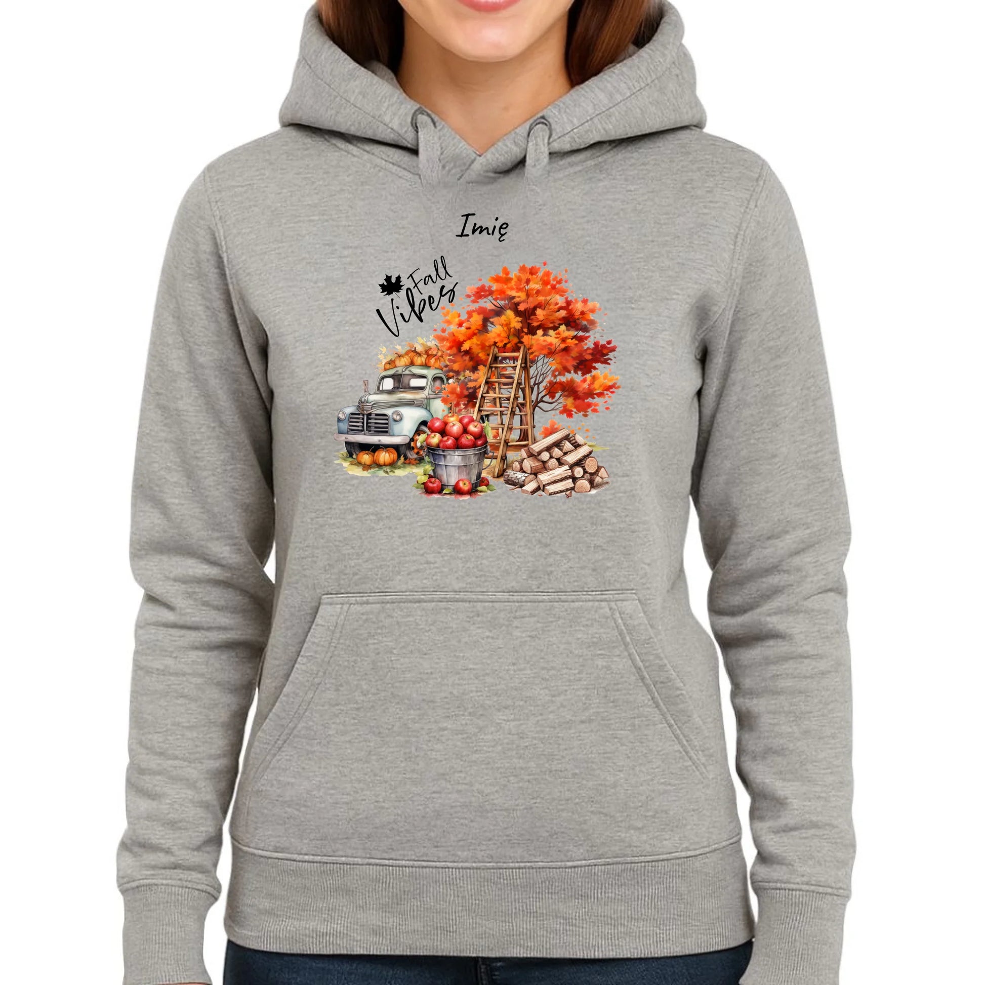 Bluza damska z kapturem jesienna – Vintage auto dynie i jabłka – personalizowana JS07 - StoryCups.pl