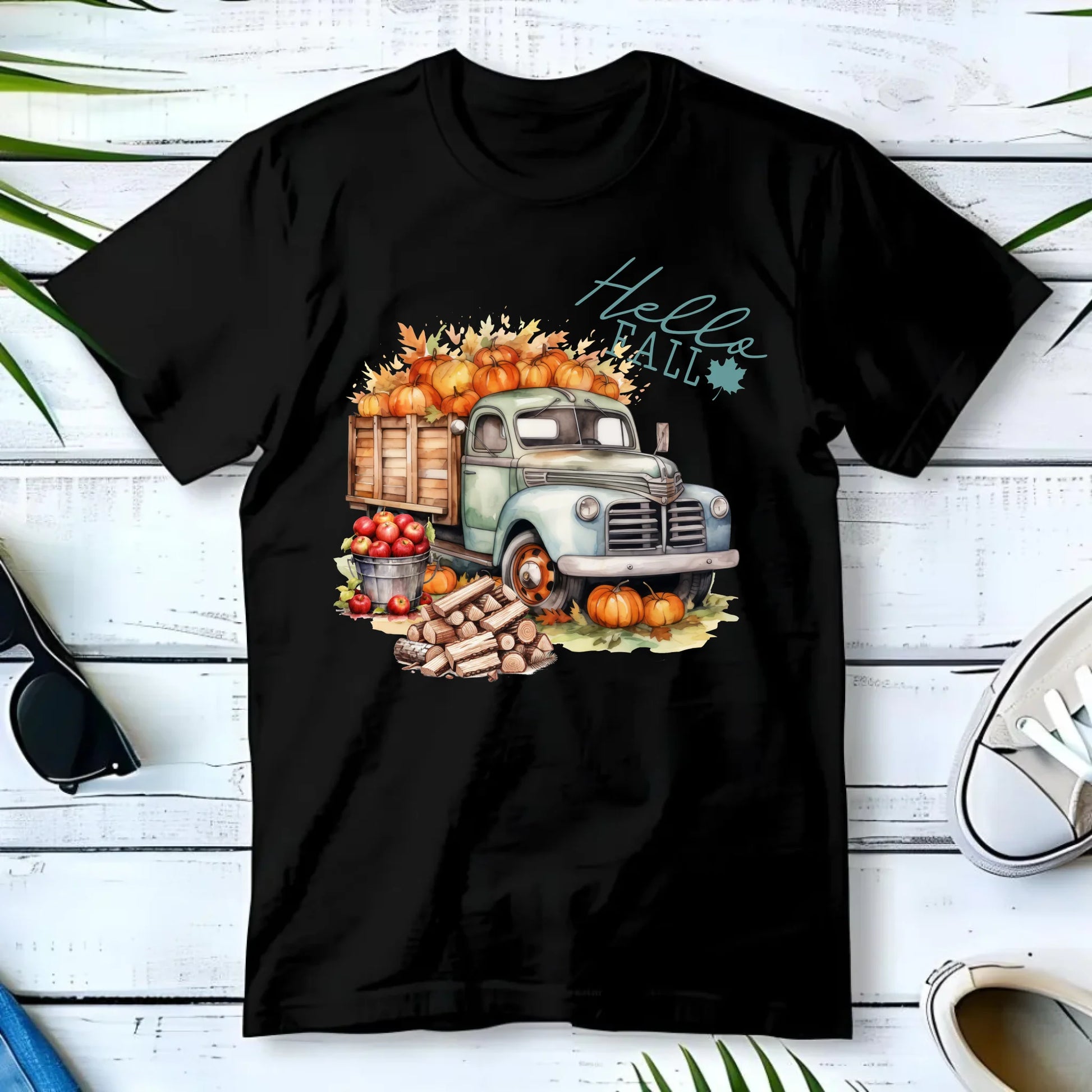 Koszulka męska jesienna – Hello Fall ciężarówka z dyniami JS08 - StoryCups.pl