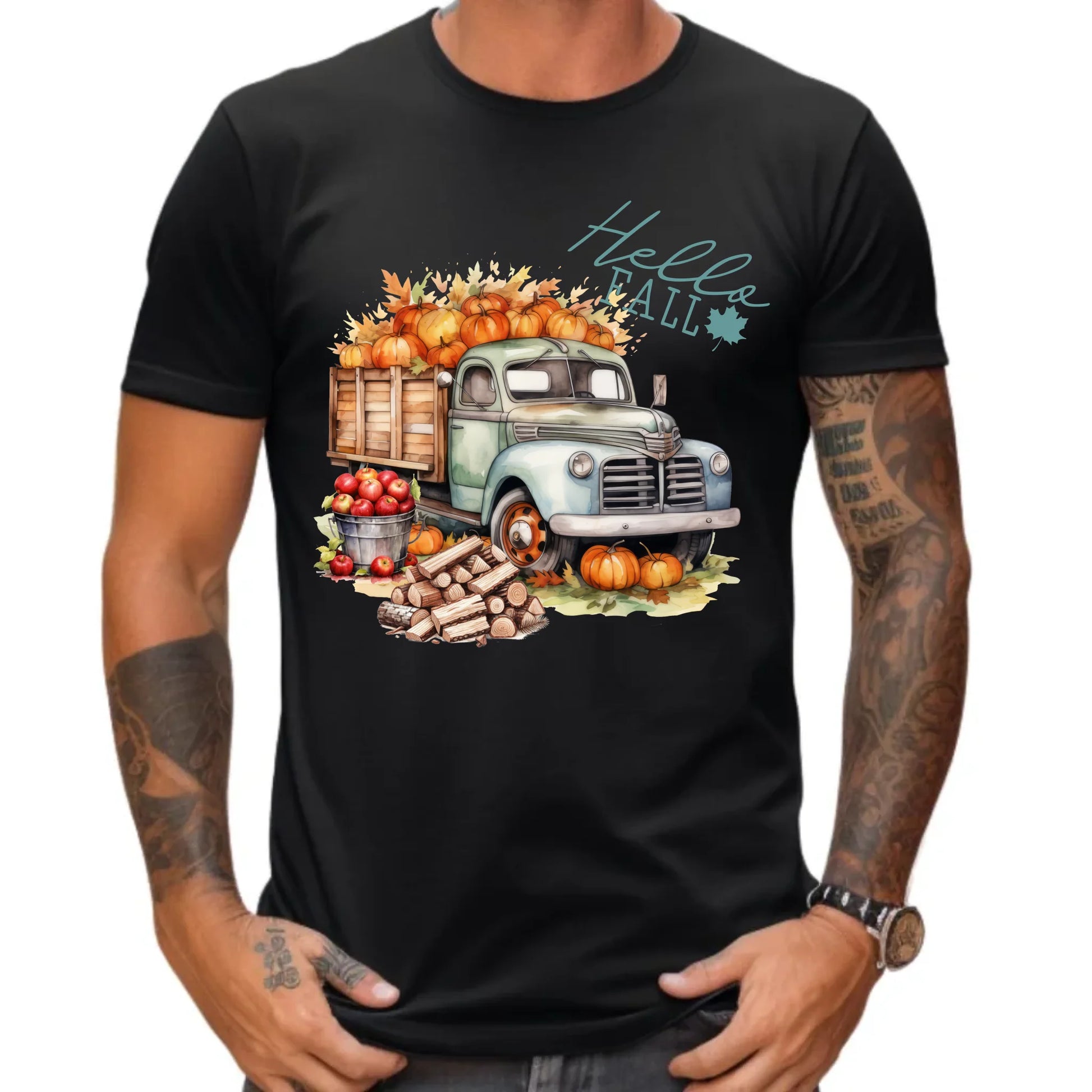 Koszulka męska jesienna – Hello Fall ciężarówka z dyniami JS08 - StoryCups.pl