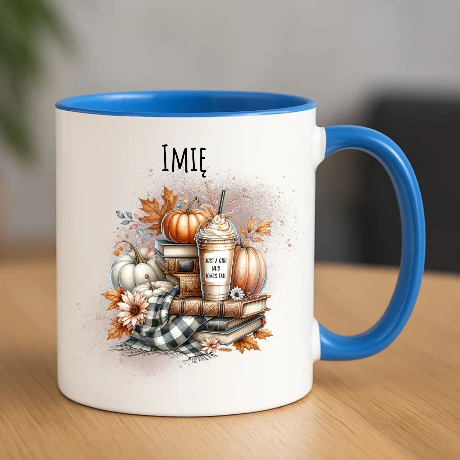 Ceramiczny niebieski kubek z nadrukiem na prezent