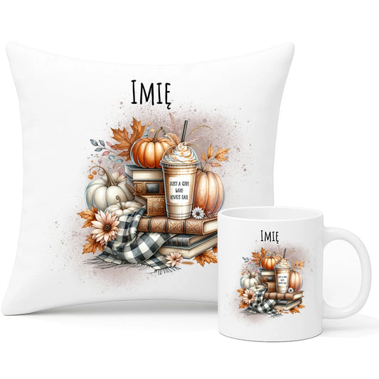 Zestaw poduszka i kubek jesienny - Książkara - personalizowany JS14 - StoryCups.pl