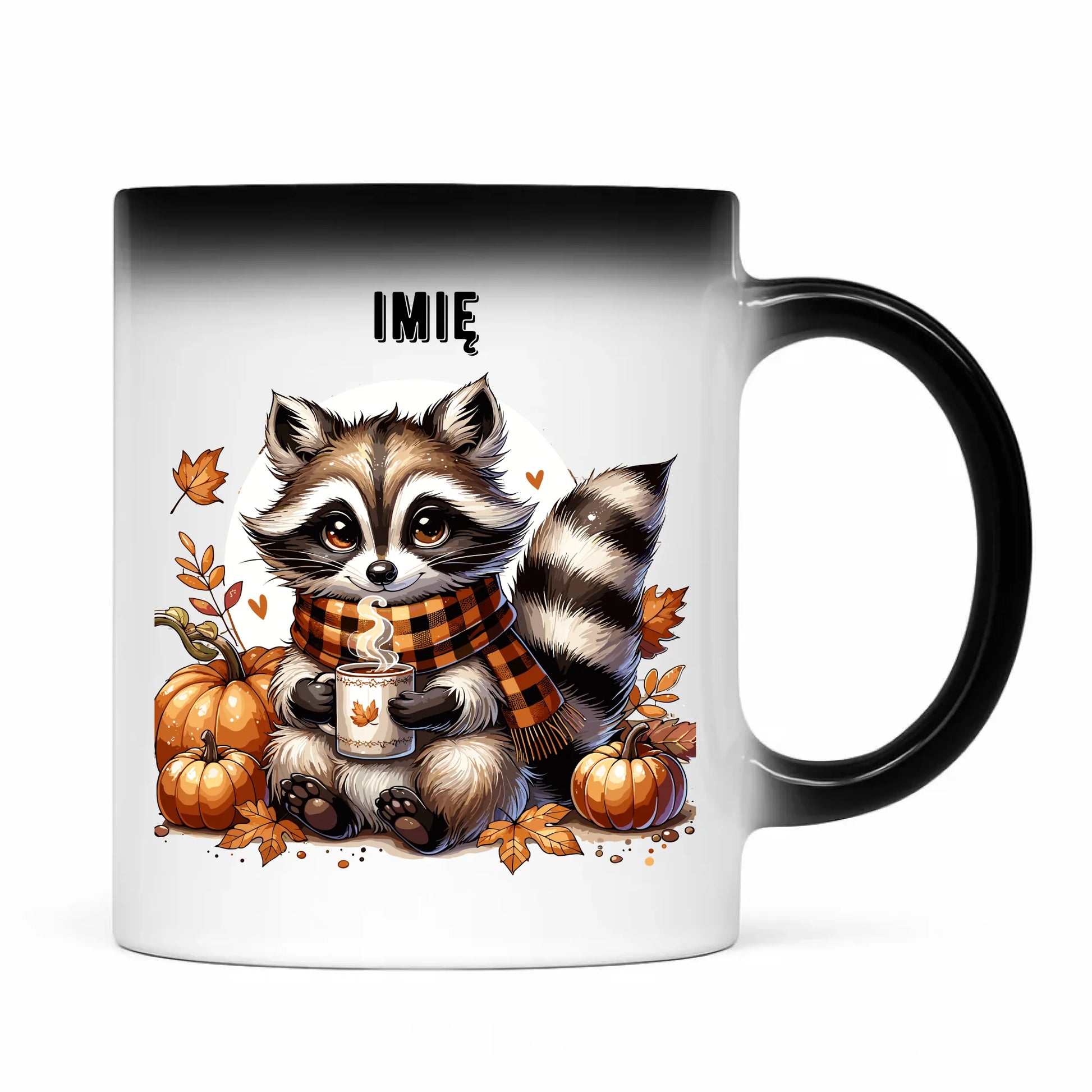 Kubek magiczny jesienny – Szop z kawą i dyniami - personalizowany JS16 - StoryCups.pl