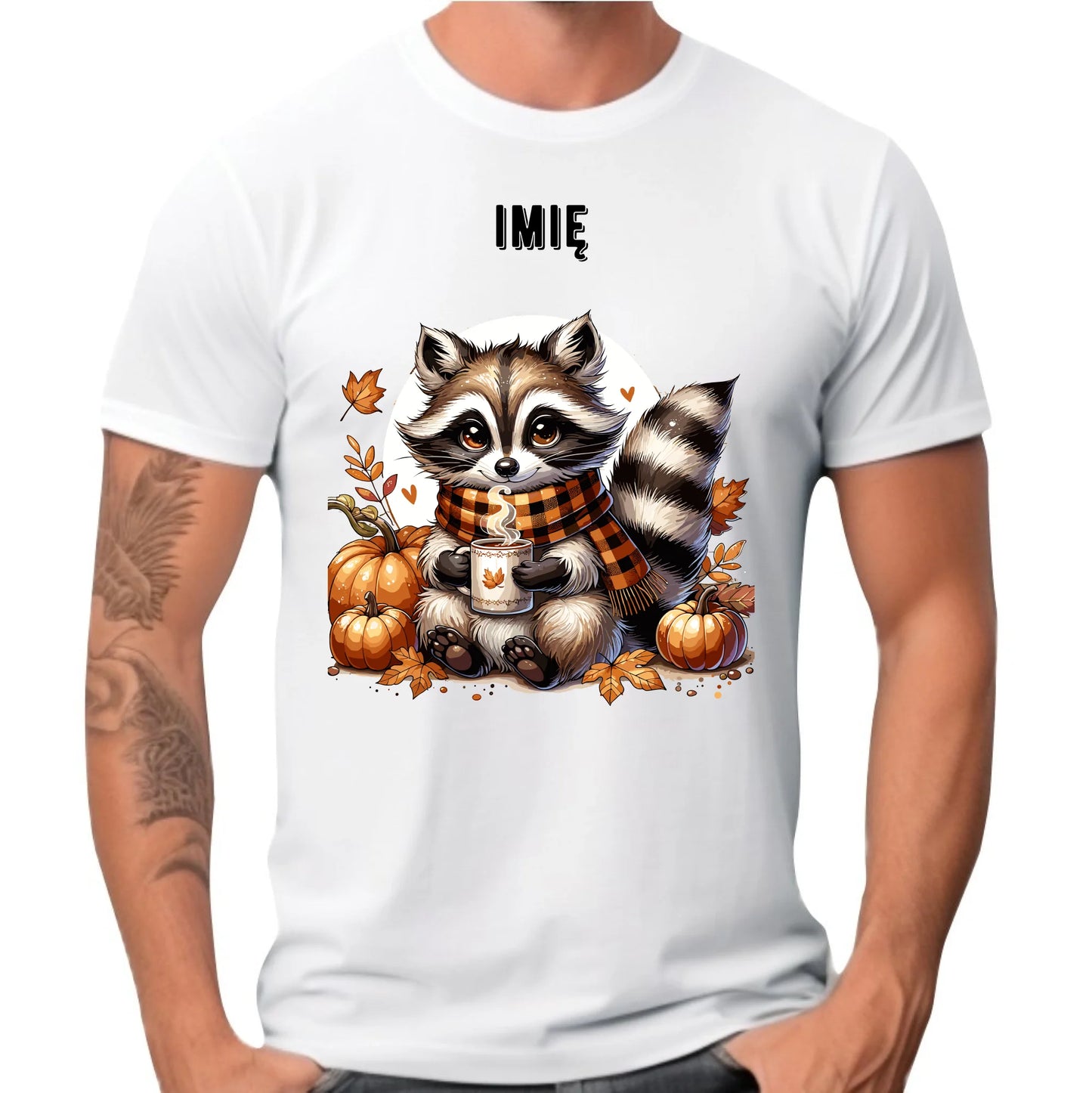 Koszulka męska jesienna – Szop z kawą i dyniami - personalizowana JS16 - StoryCups.pl