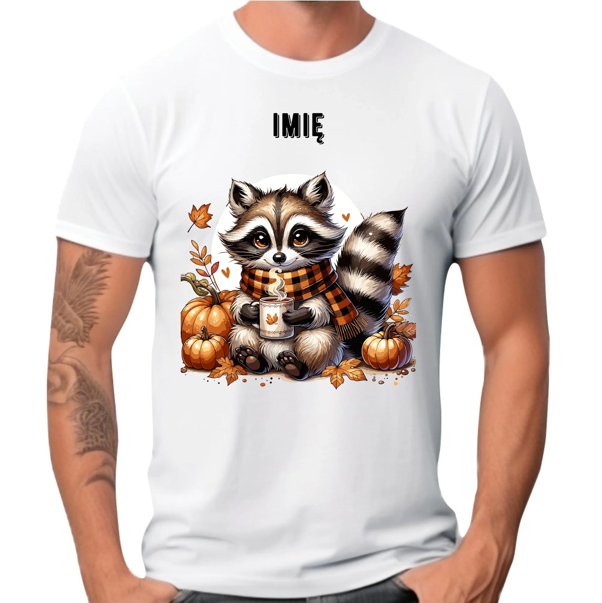 Koszulka męska jesienna – Szop z kawą i dyniami - personalizowana JS16 - StoryCups.pl