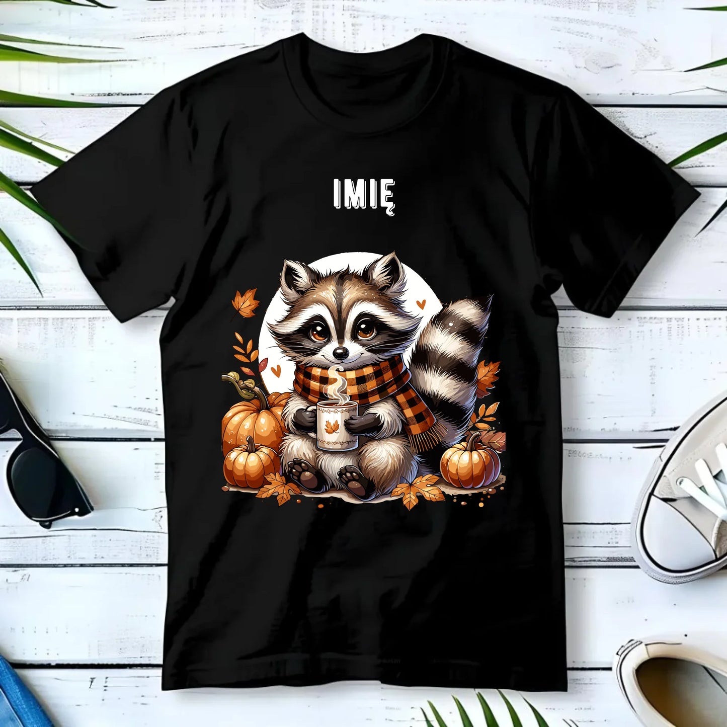 Koszulka męska jesienna – Szop z kawą i dyniami - personalizowana JS16 - StoryCups.pl