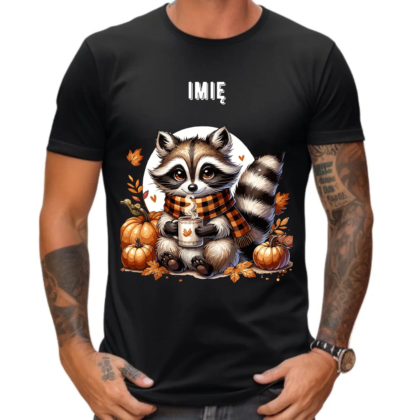 Koszulka męska jesienna – Szop z kawą i dyniami - personalizowana JS16 - StoryCups.pl