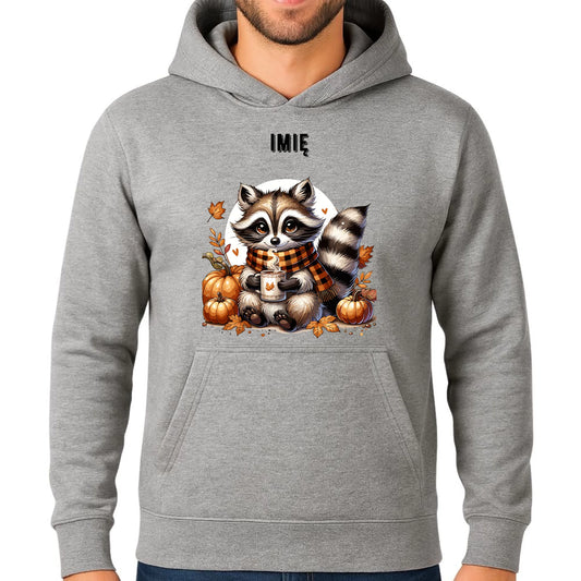 Bluza męska z kapturem jesienna – Szop z kawą i dyniami - personalizowana JS16 - StoryCups.pl