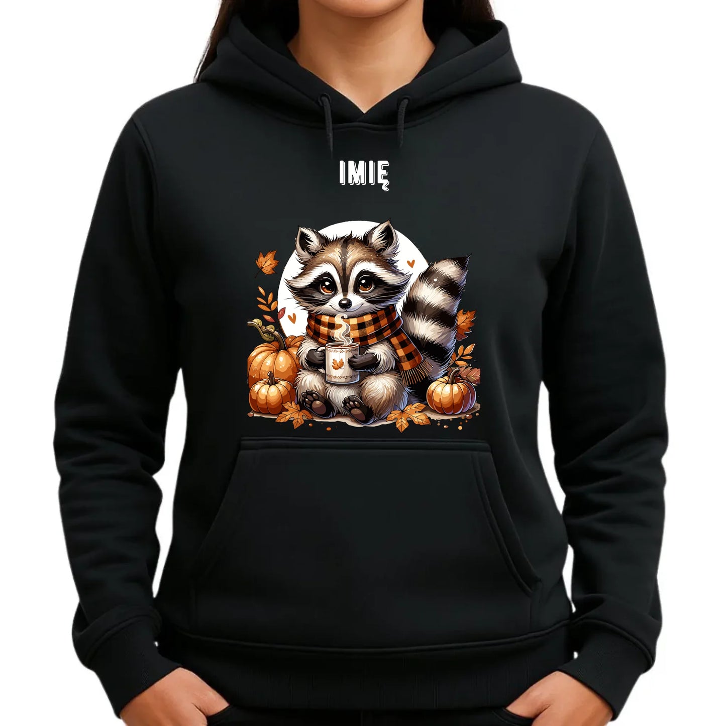 Bluza damska z kapturem jesienna – Szop z kawą i dyniami - personalizowana JS16 - StoryCups.pl