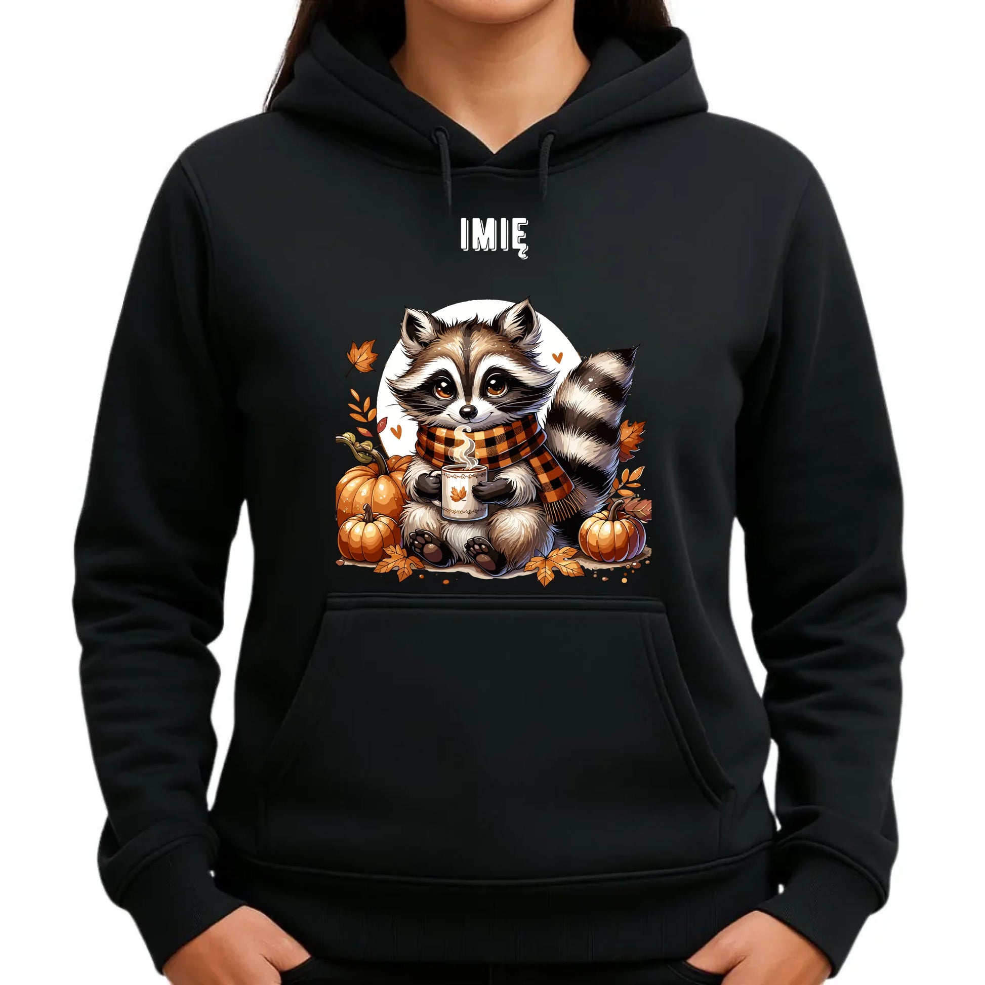 Bluza damska z kapturem jesienna – Szop z kawą i dyniami - personalizowana JS16 - StoryCups.pl