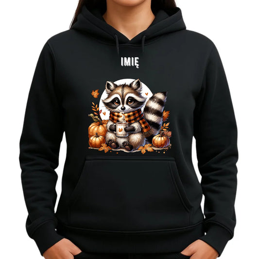 Bluza damska z kapturem jesienna – Szop z kawą i dyniami - personalizowana JS16 - StoryCups.pl