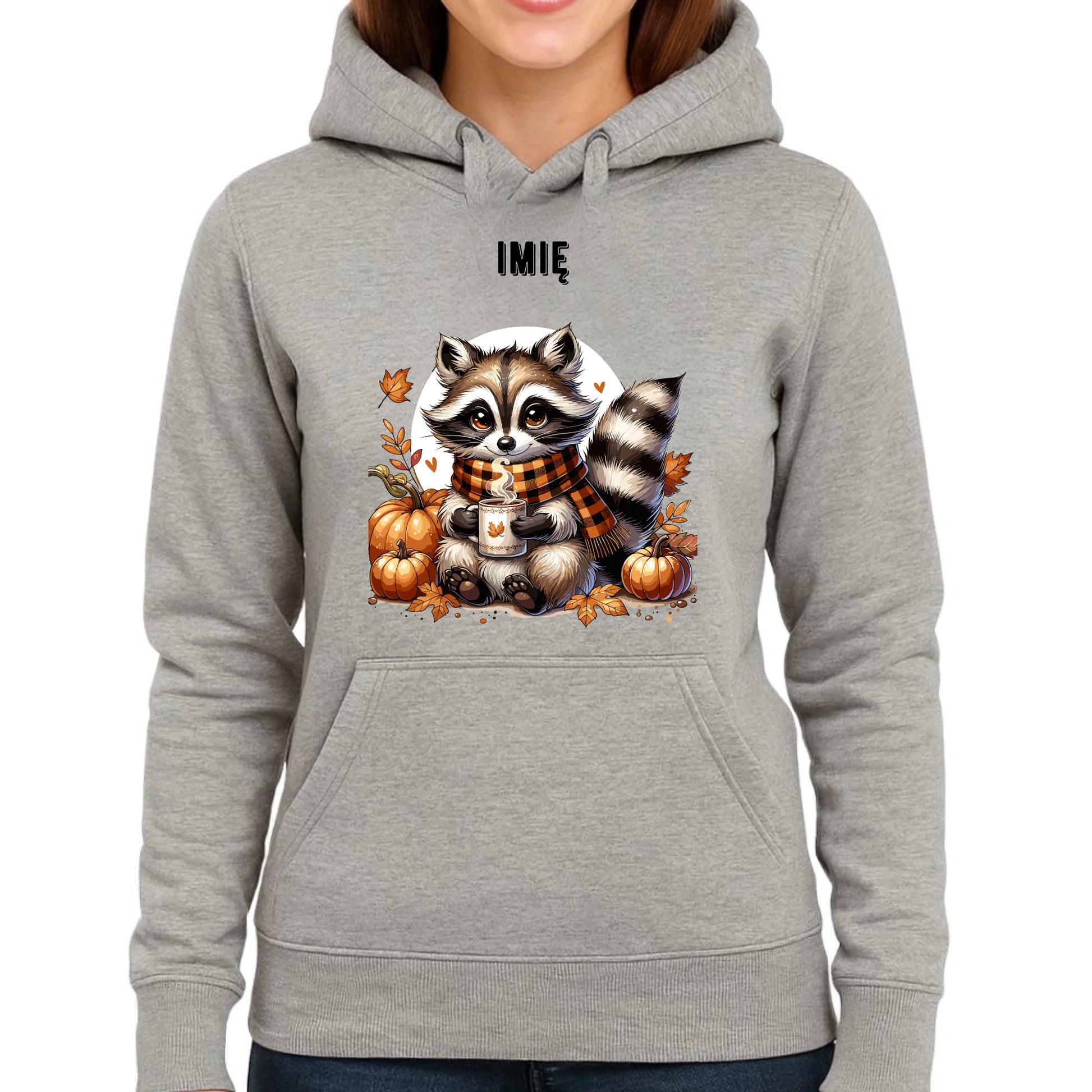 Bluza damska z kapturem jesienna – Szop z kawą i dyniami - personalizowana JS16 - StoryCups.pl