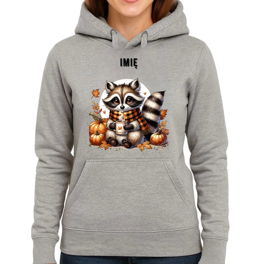Bluza damska z kapturem jesienna – Szop z kawą i dyniami - personalizowana JS16 - StoryCups.pl