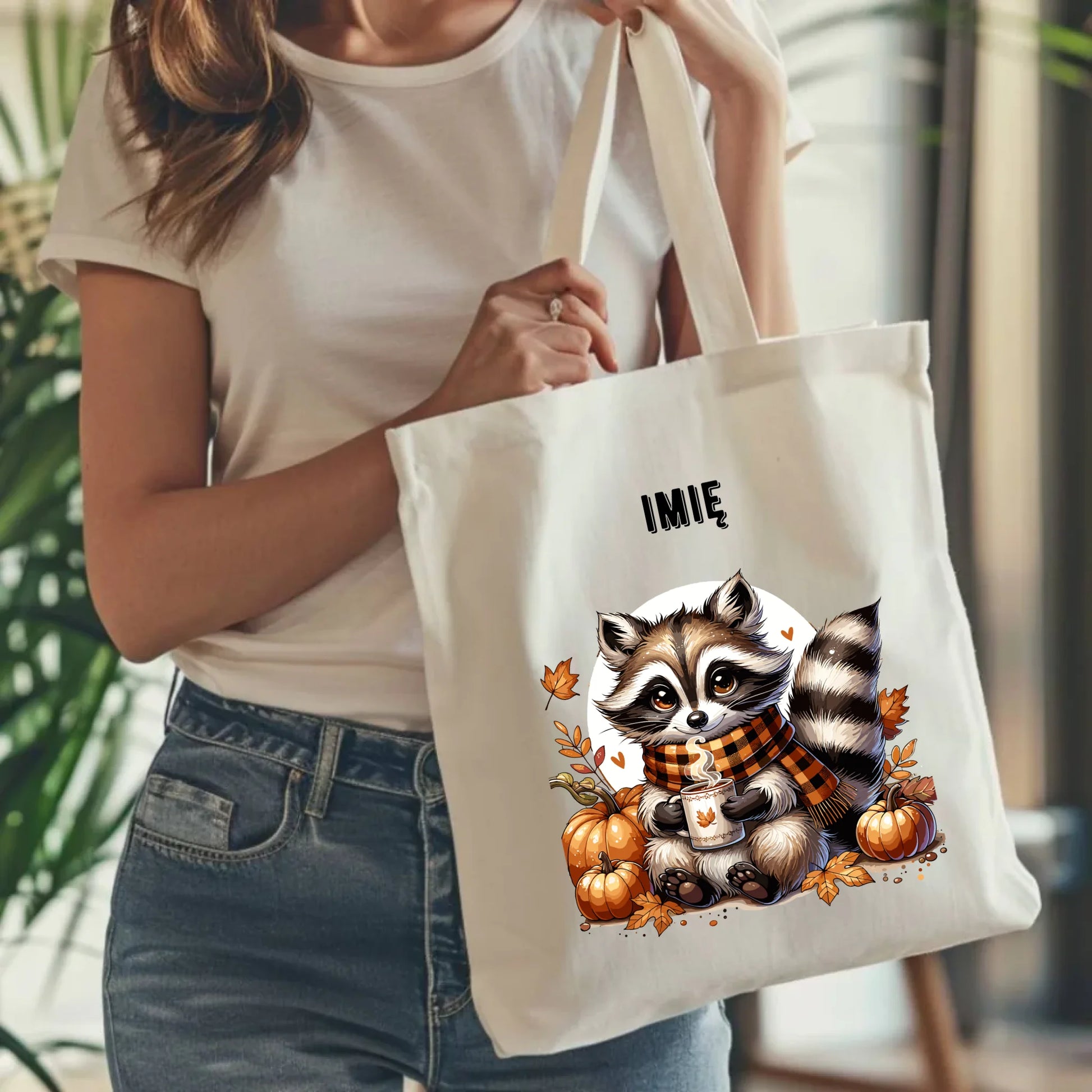 Torba jesienna – Szop z kawą i dyniami - personalizowana JS16 - StoryCups.pl