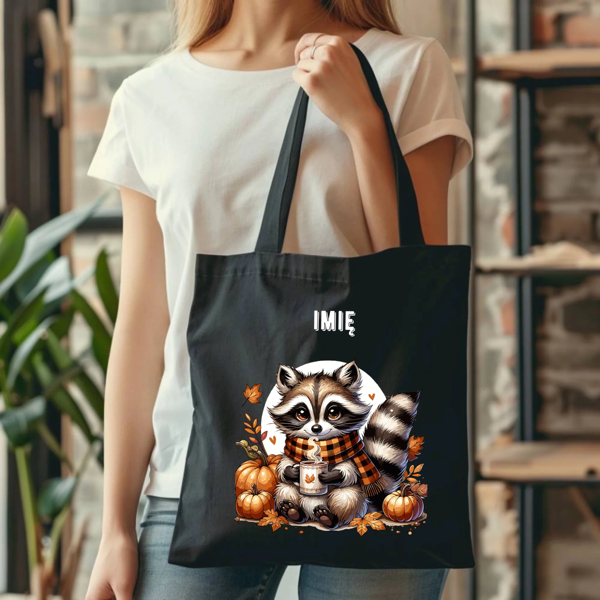 Torba jesienna – Szop z kawą i dyniami - personalizowana JS16 - StoryCups.pl