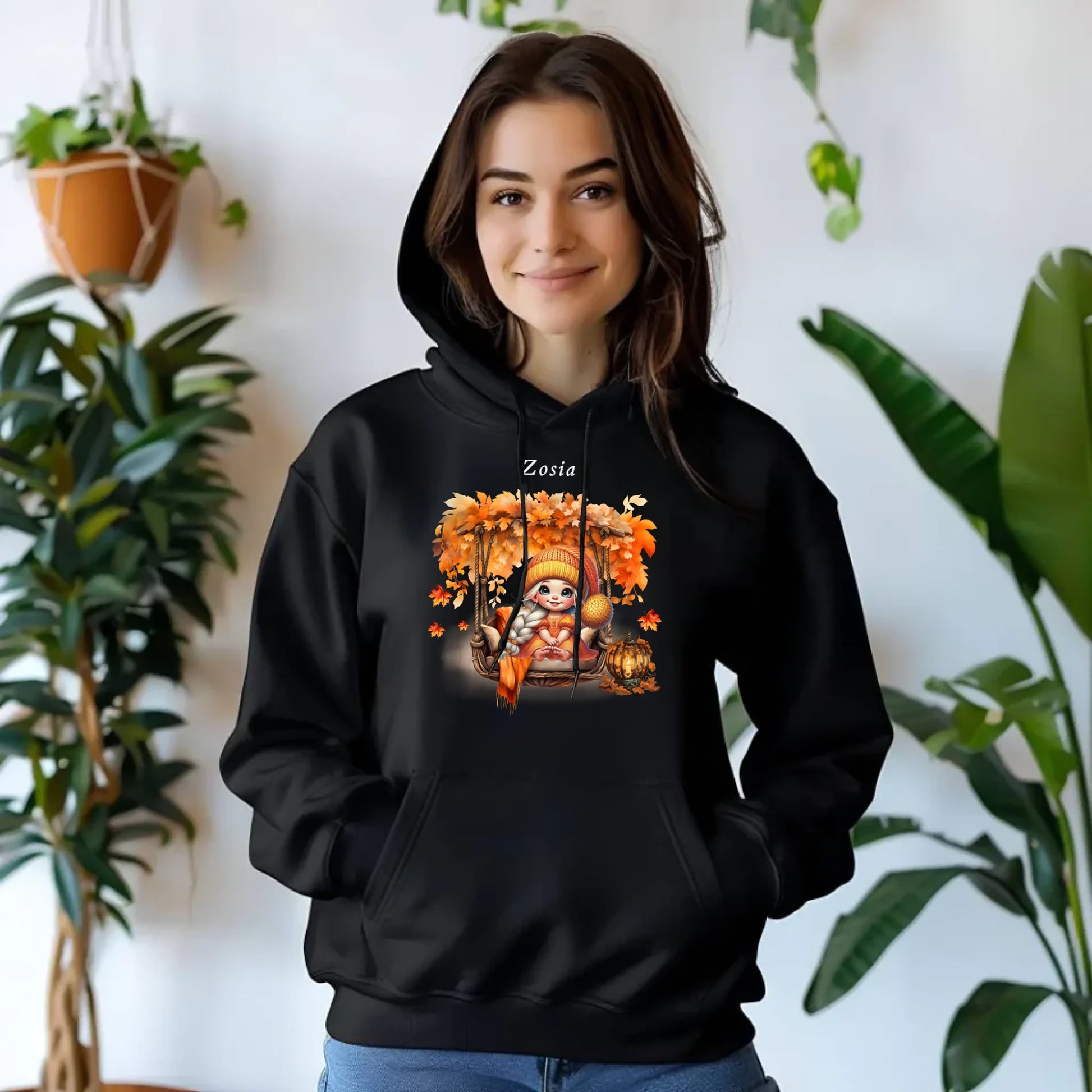 Bluza damska z kapturem jesieniara - Dziewczynka z liśćmi - personalizowana JS17 - StoryCups.pl