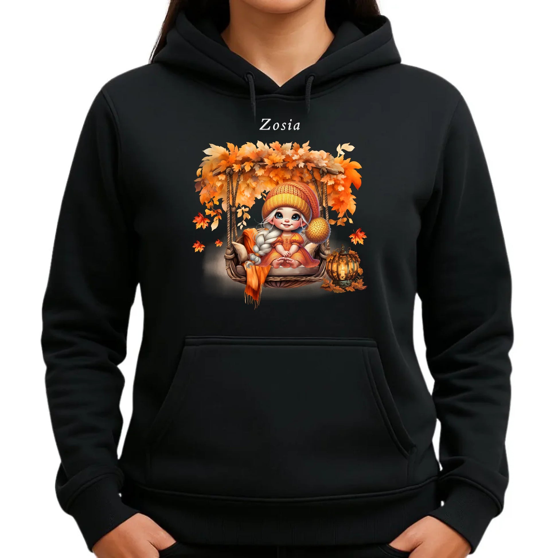 Bluza damska z kapturem jesieniara - Dziewczynka z liśćmi - personalizowana JS17 - StoryCups.pl