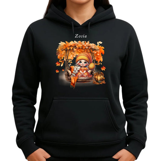 Bluza damska z kapturem jesieniara - Dziewczynka z liśćmi - personalizowana JS17 - StoryCups.pl