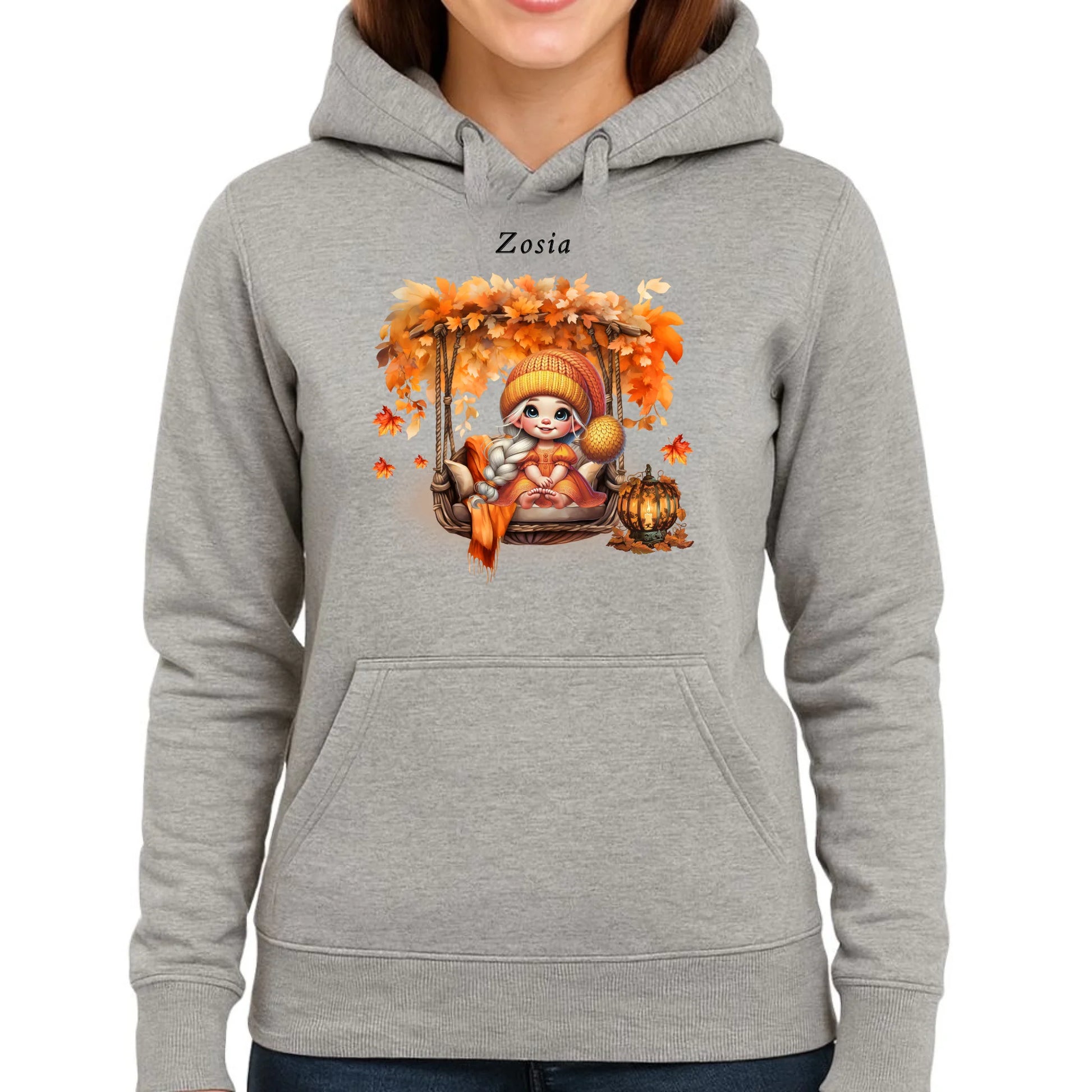 Bluza damska z kapturem jesieniara - Dziewczynka z liśćmi - personalizowana JS17 - StoryCups.pl