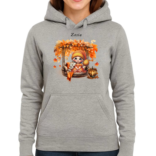 Bluza damska z kapturem jesieniara - Dziewczynka z liśćmi - personalizowana JS17 - StoryCups.pl