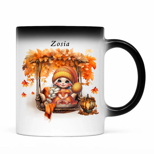 Kubek magiczny jesieniara - Dziewczynka z liśćmi - personalizowany JS17 - StoryCups.pl
