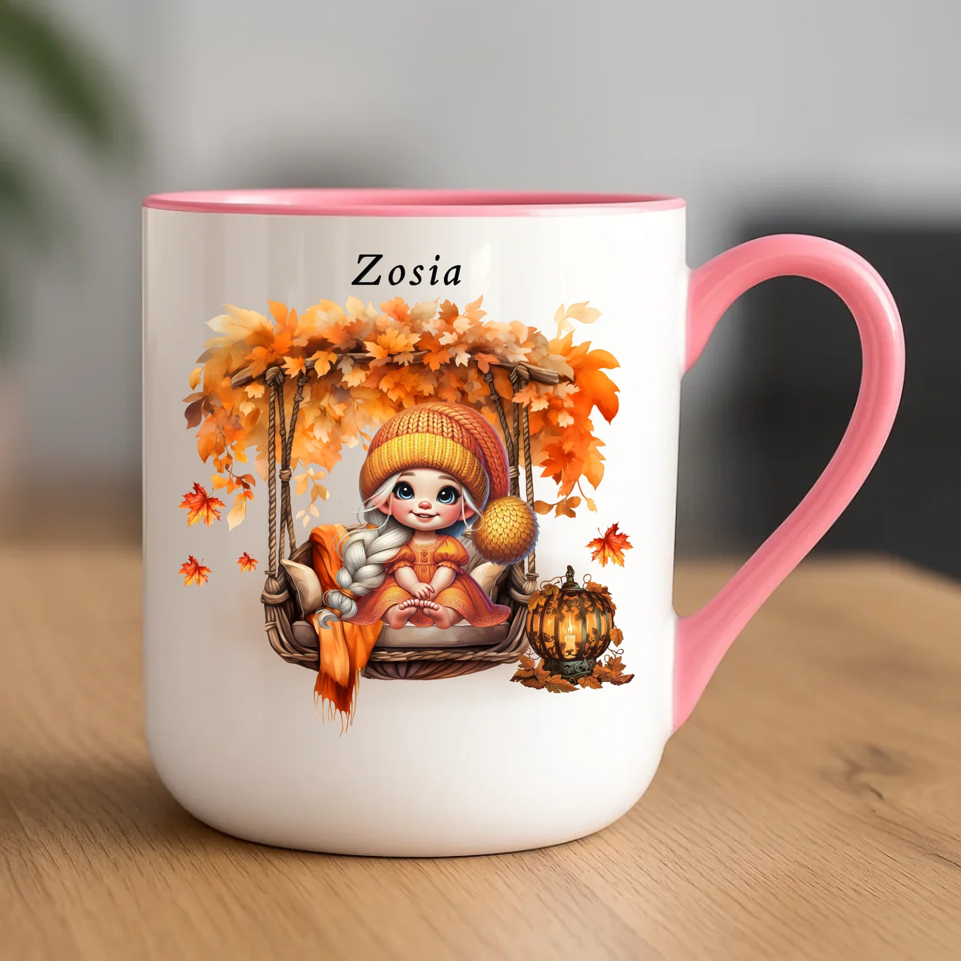Kubek elegant jesieniara - Dziewczynka z liśćmi - personalizowany JS17 - StoryCups.pl