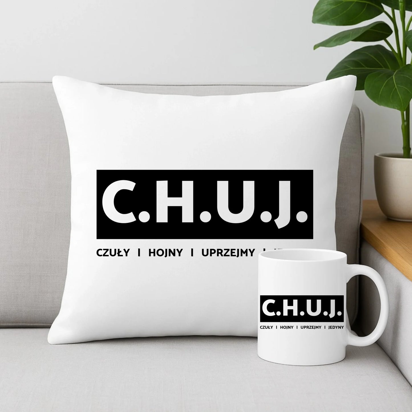 Zestaw poduszka i kubek - prezent dla kolegi na Dzień Chłopaka przyjaciela - C.H.U.J. - bez cenzury DCH12 - StoryCups.pl