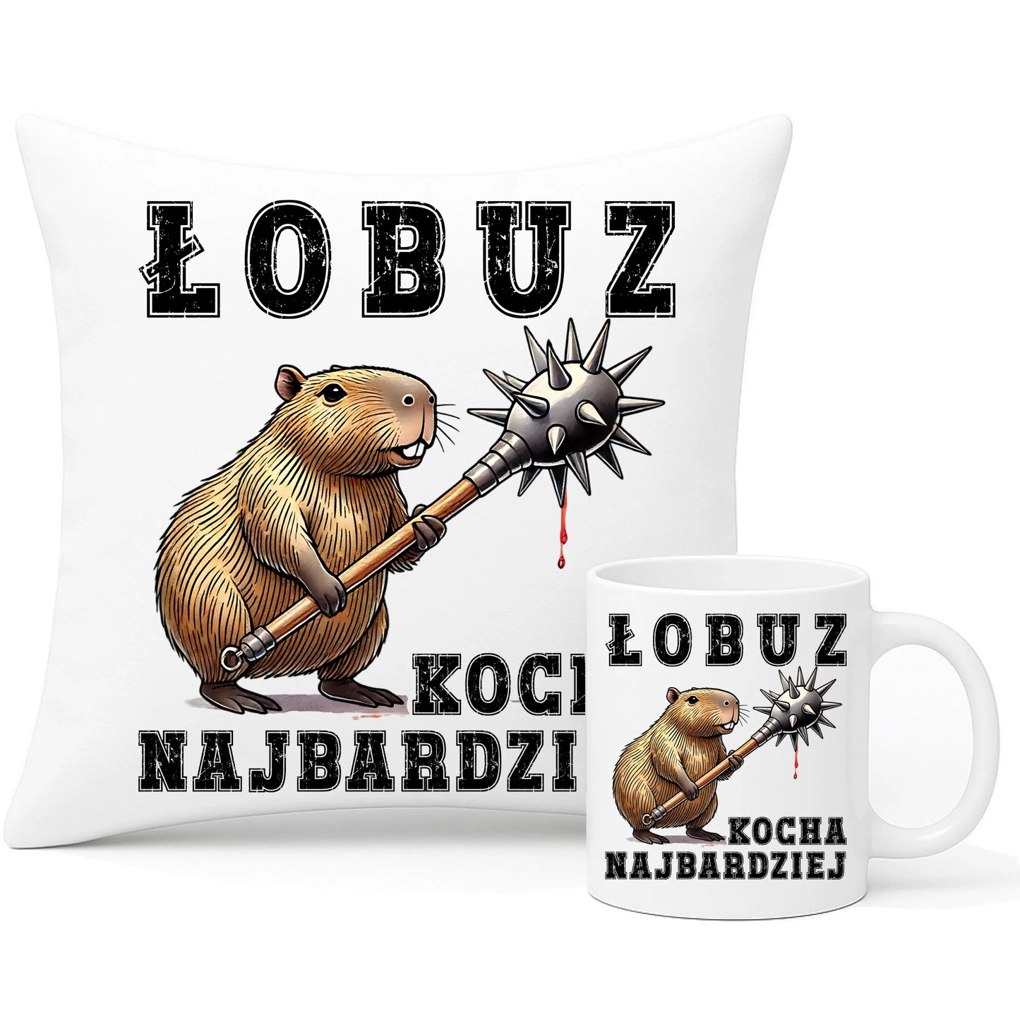 Zestaw poduszka i kubek - prezent dla chłopaka - Łobuz kapibara z maczugą DCH17 - StoryCups.pl