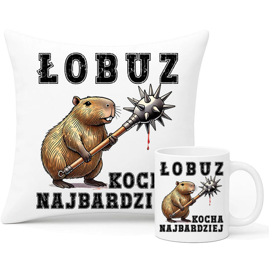 Zestaw poduszka i kubek - prezent dla chłopaka - Łobuz kapibara z maczugą DCH17 - StoryCups.pl