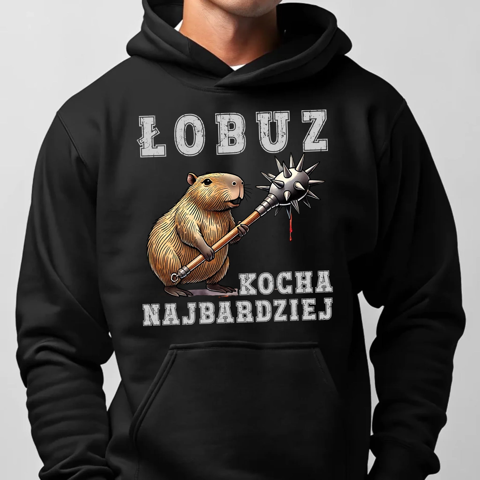Bluza męska z kapturem - prezent dla chłopaka - Łobuz kapibara z maczugą DCH17 - StoryCups.pl