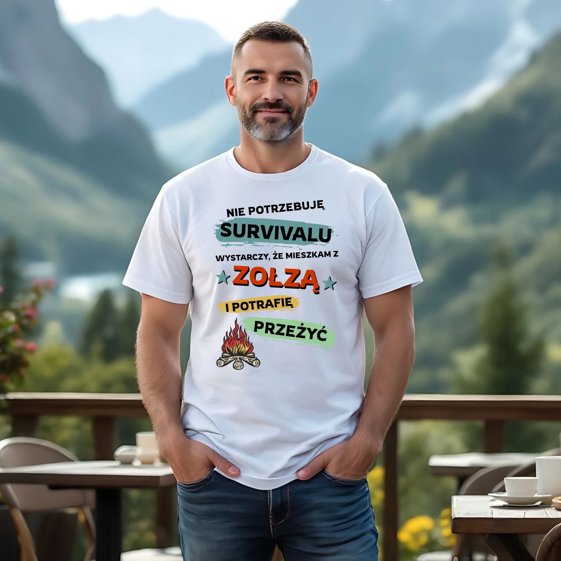 Koszulka męska – Prezent dla chłopaka męża - Nie potrzebuję survivalu, mieszkam z zołzą DCH25 - StoryCups.pl