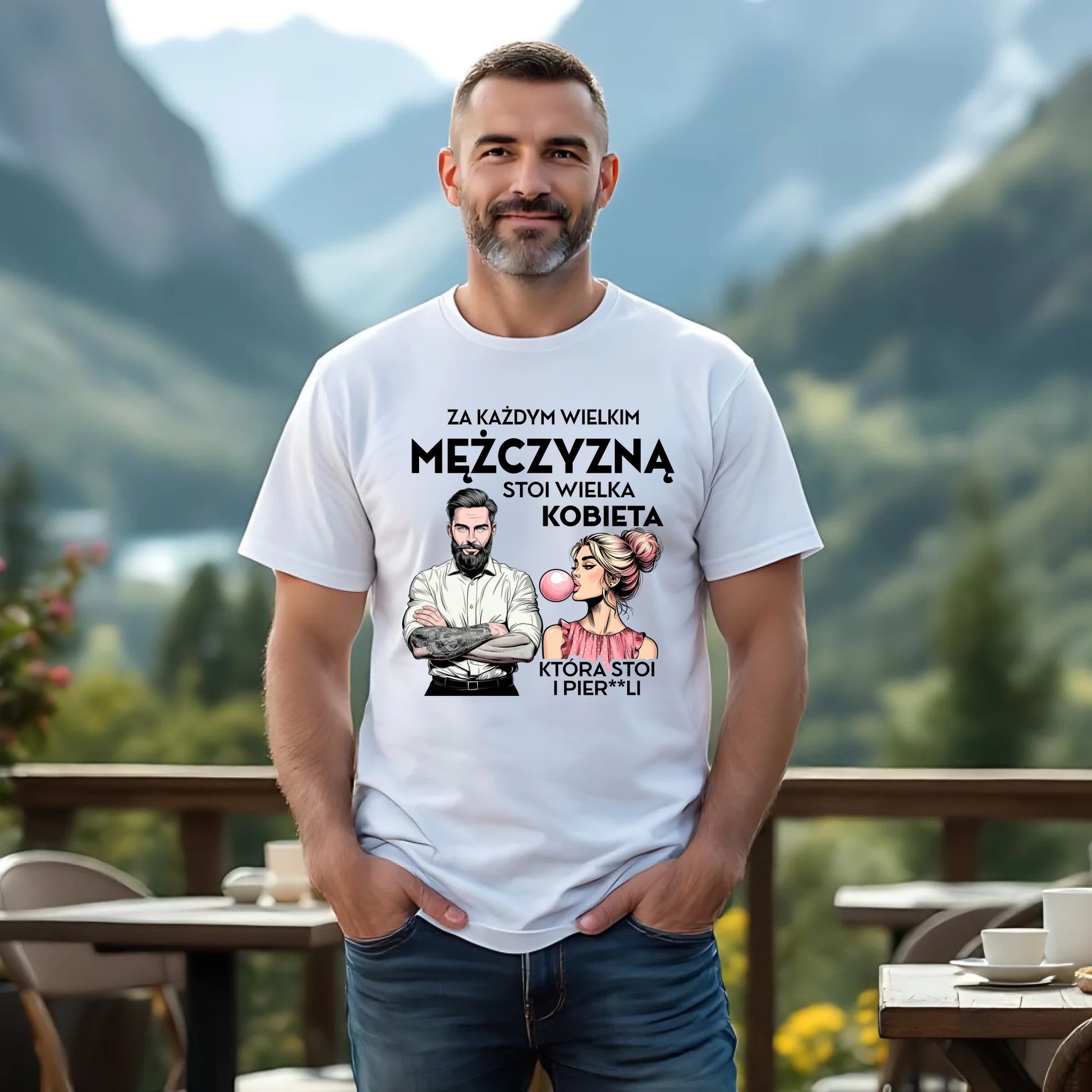 Koszulka męska - Za każdym wielkim mężczyzną stoi wielka kobieta - śmieszny nadruk DCH27 - StoryCups.pl