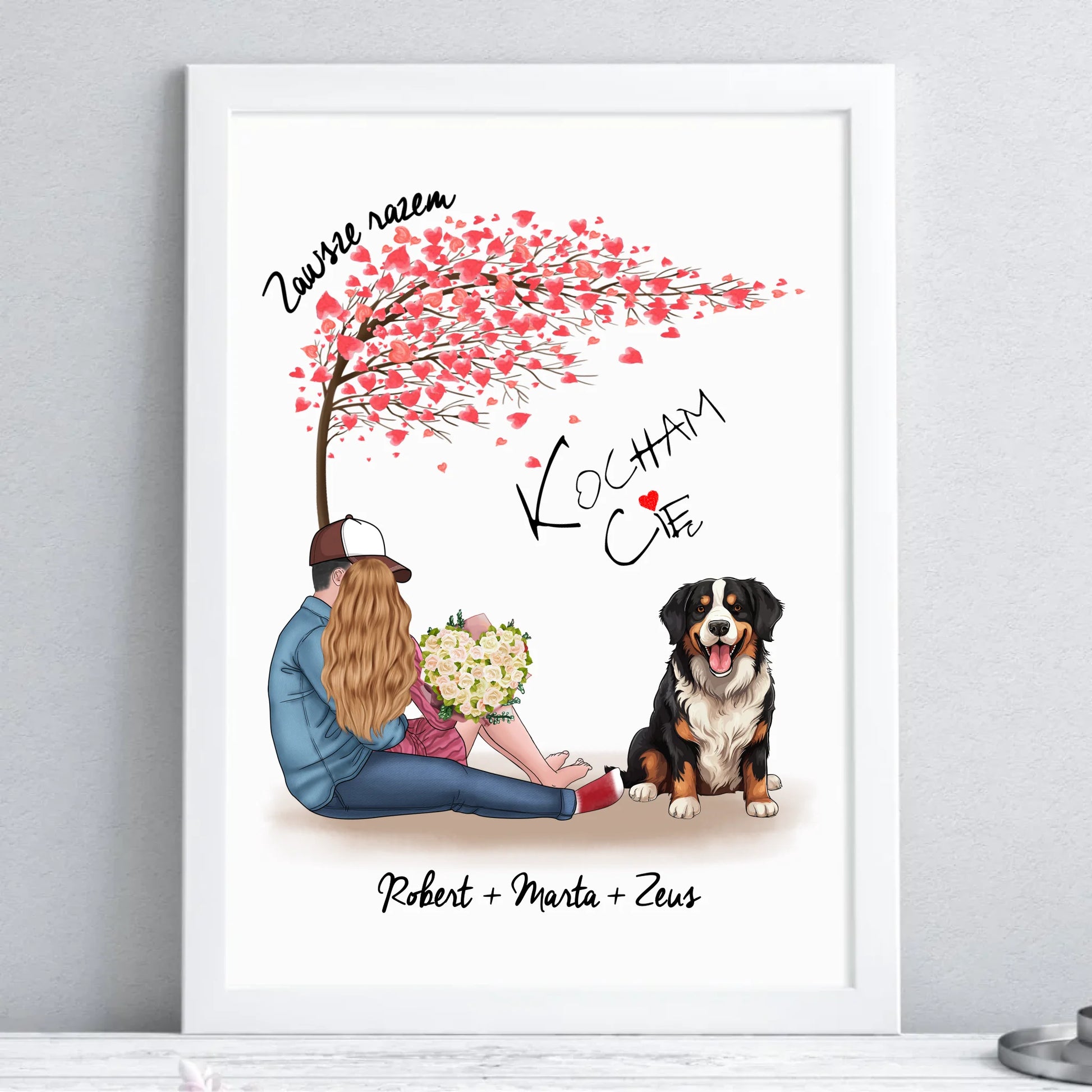 Plakat w ramie - prezent dla par + berneńczyk - Zawsze razem - personalizowany W04a - StoryCups.pl