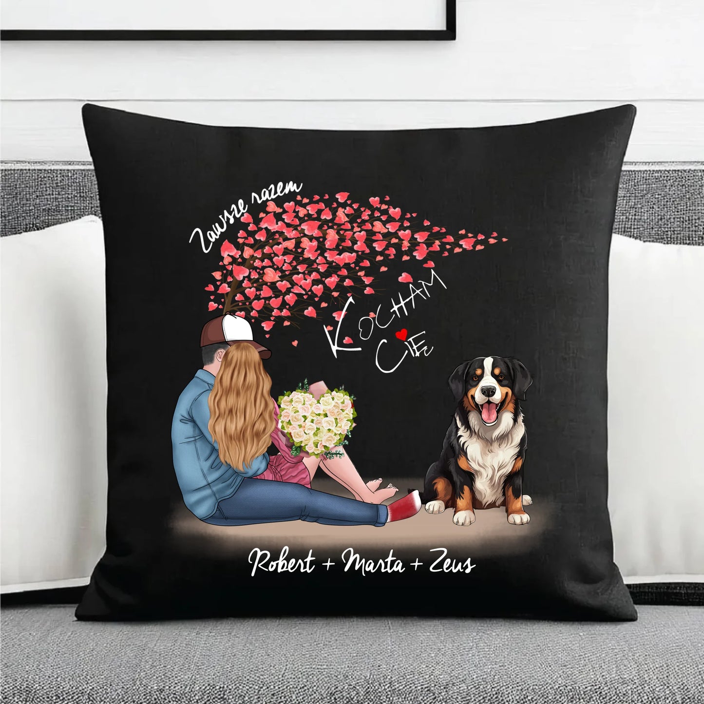 Poduszka dekoracyjna - prezent dla par + berneńczyk - Zawsze razem - personalizowana W04a - StoryCups.pl