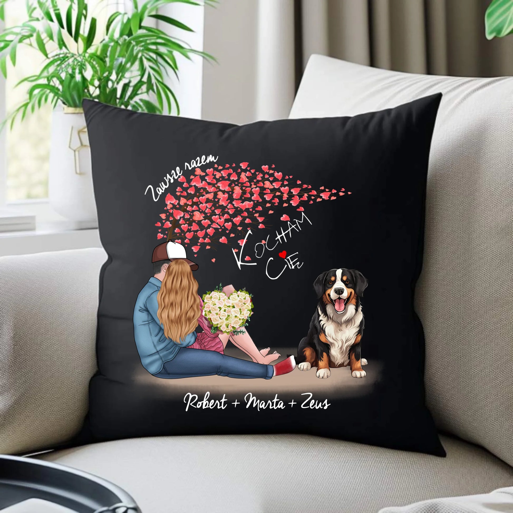 Poduszka dekoracyjna - prezent dla par + berneńczyk - Zawsze razem - personalizowana W04a - StoryCups.pl