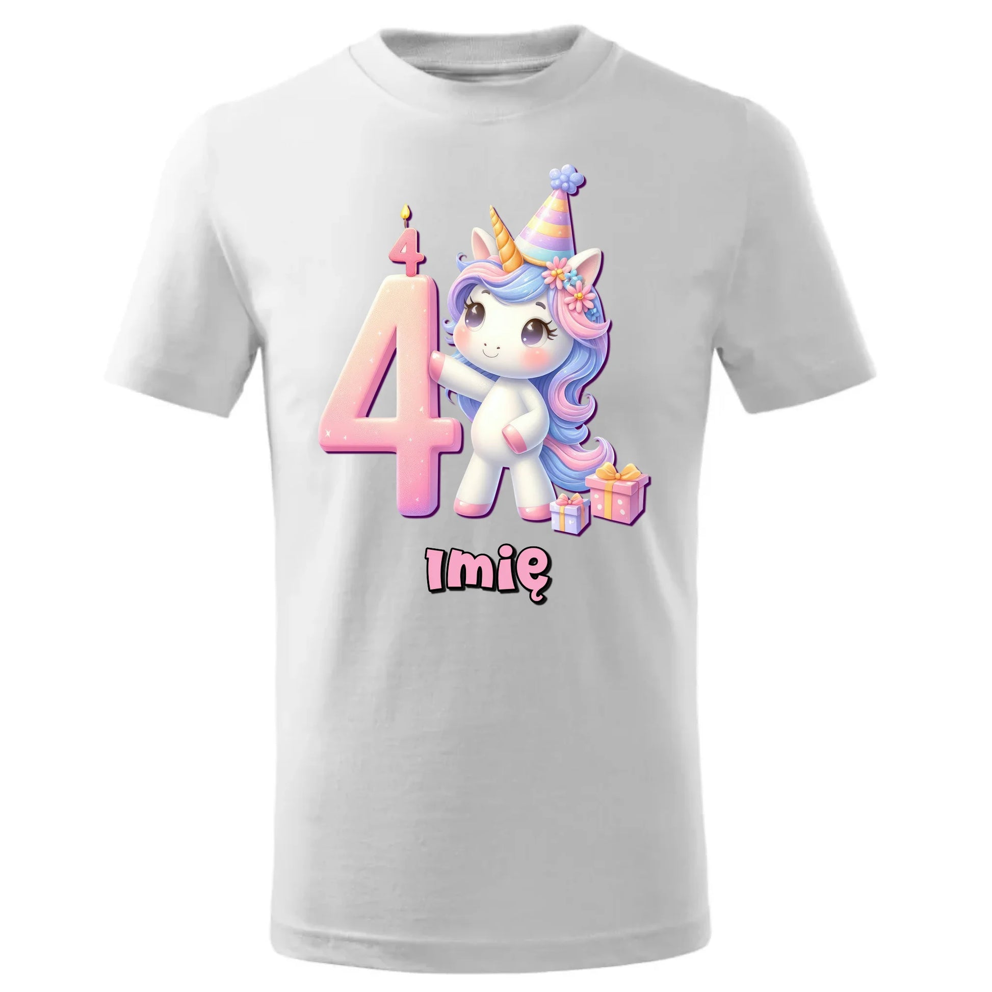 Koszulka dziecięca urodzinowa - prezent na 4 urodziny dla dziewczynki - Jednorożec - personalizowana U48 - StoryCups.pl