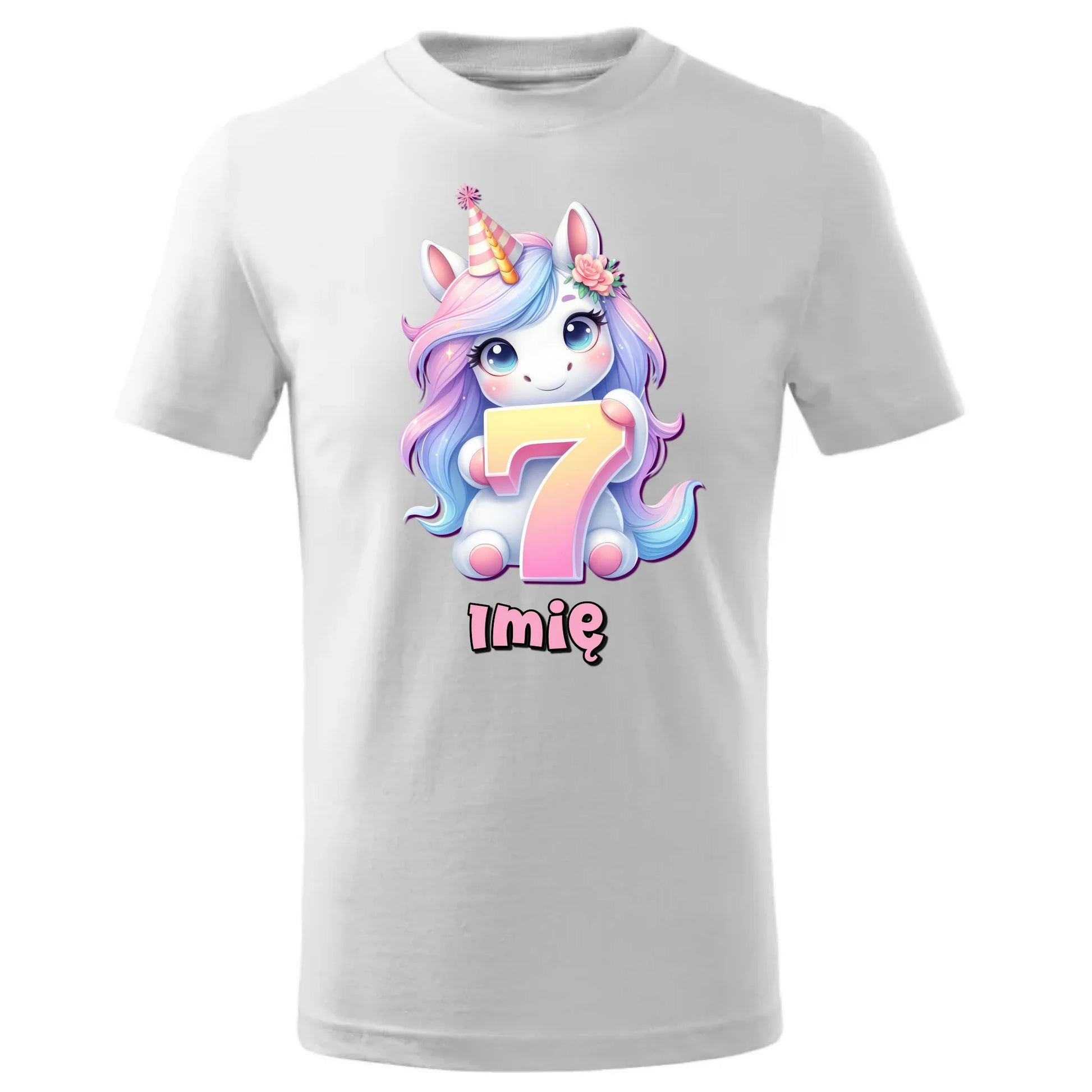 Koszulka dziecięca urodzinowa - prezent na 7 urodziny dla dziewczynki - Jednorożec - personalizowana U51 - StoryCups.pl