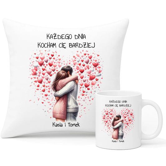 Zestaw poduszka i kubek dla par - prezent dla dziewczyny i chłopaka - Kocham Cię - personalizowany W09 - StoryCups.pl