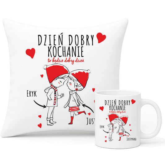 Zestaw poduszka i kubek dla par - prezent na Walentynki - Dzień dobry Kochanie - personalizowany W10 - StoryCups.pl