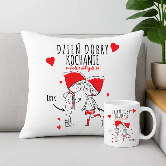 Zestaw poduszka i kubek dla par - prezent na Walentynki - Dzień dobry Kochanie - personalizowany W10 - StoryCups.pl