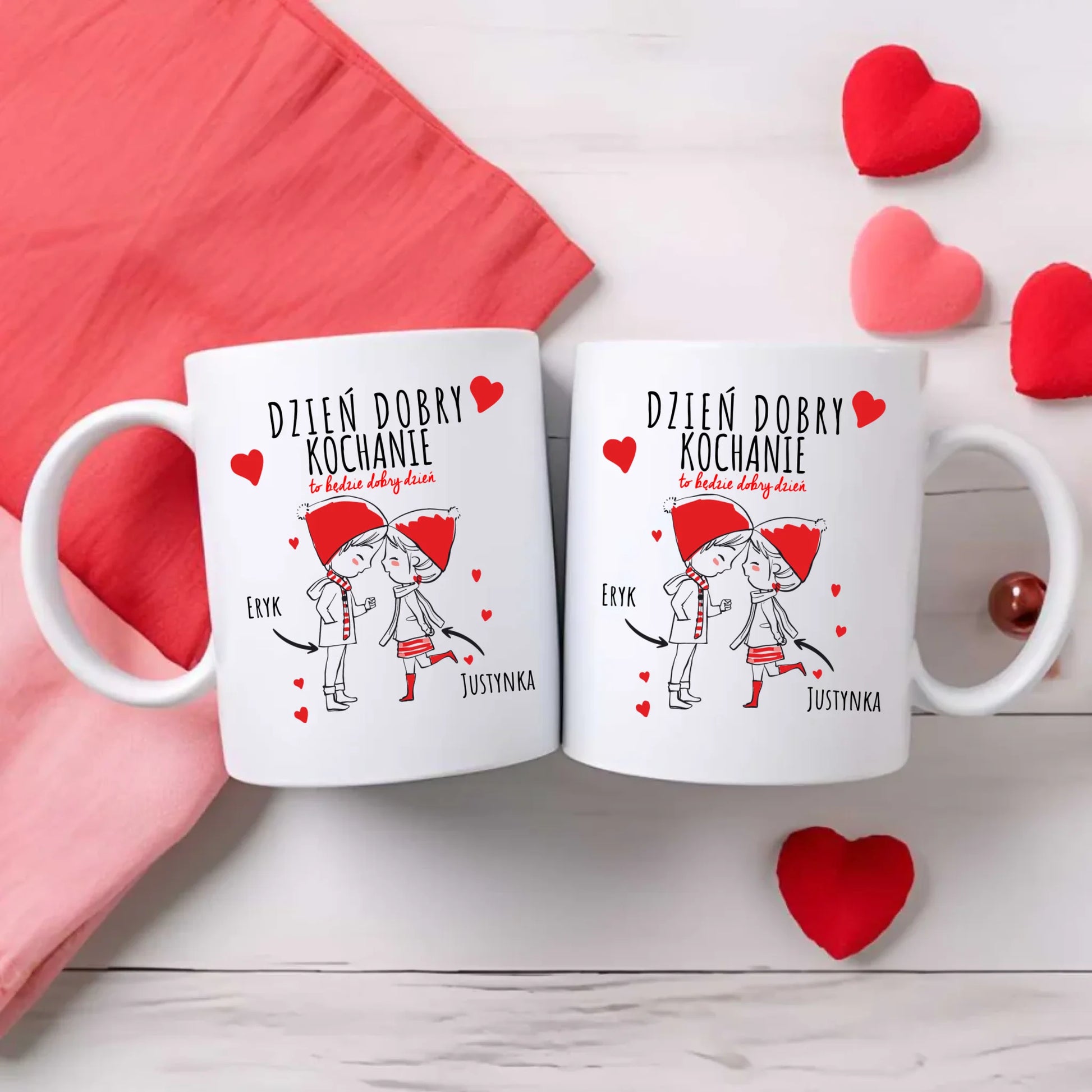 Zestaw poduszka i kubek dla par - prezent na Walentynki - Dzień dobry Kochanie - personalizowany W10 - StoryCups.pl