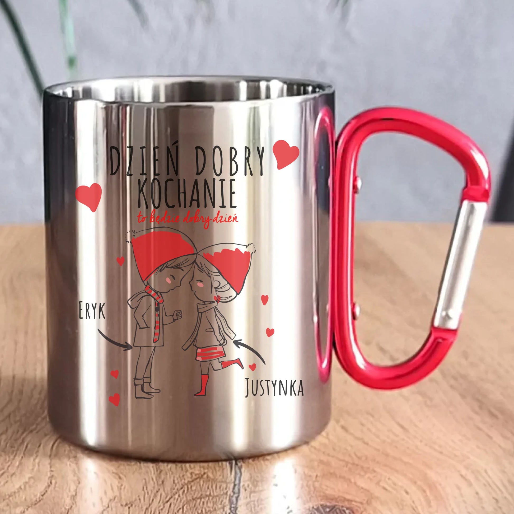 Kubek metalowy dla par - prezent na Walentynki - Dzień dobry Kochanie - personalizowany W10 - StoryCups.pl