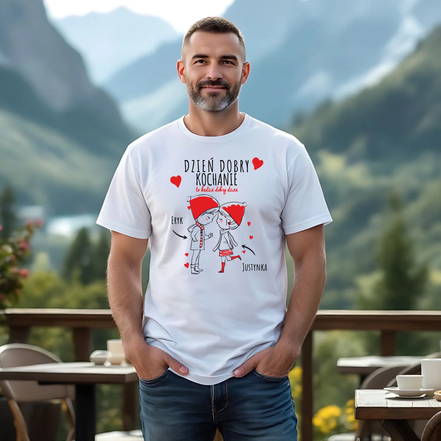 Koszulka męska dla par - prezent na Walentynki - Dzień dobry Kochanie - personalizowana W10 - StoryCups.pl