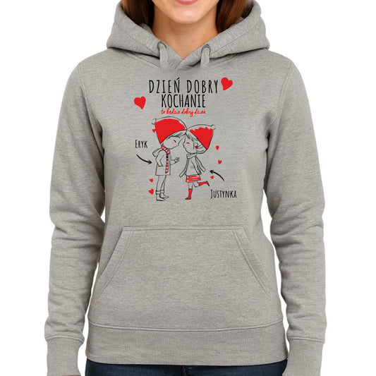 Bluza damska z kapturem dla par - prezent na Walentynki - Dzień dobry Kochanie - personalizowana W10 - StoryCups.pl