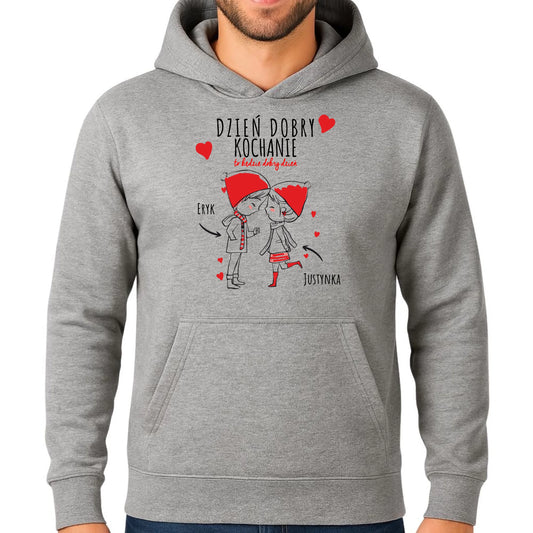 Bluza męska z kapturem dla par - prezent na Walentynki - Dzień dobry Kochanie - personalizowana W10 - StoryCups.pl