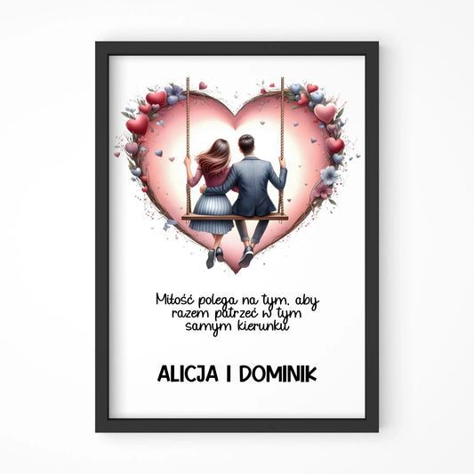 Plakat w ramie dla par - prezent dla chłopaka i dziewczyny - Para na huśtawce - personalizowany W12 - StoryCups.pl