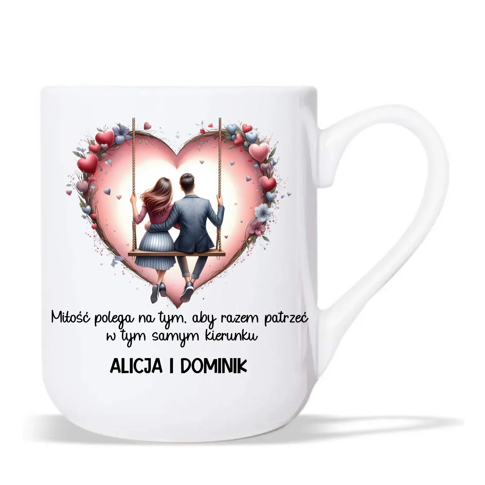 Kubek elegant dla par - prezent dla chłopaka i dziewczyny - Para na huśtawce - personalizowany W12 - StoryCups.pl