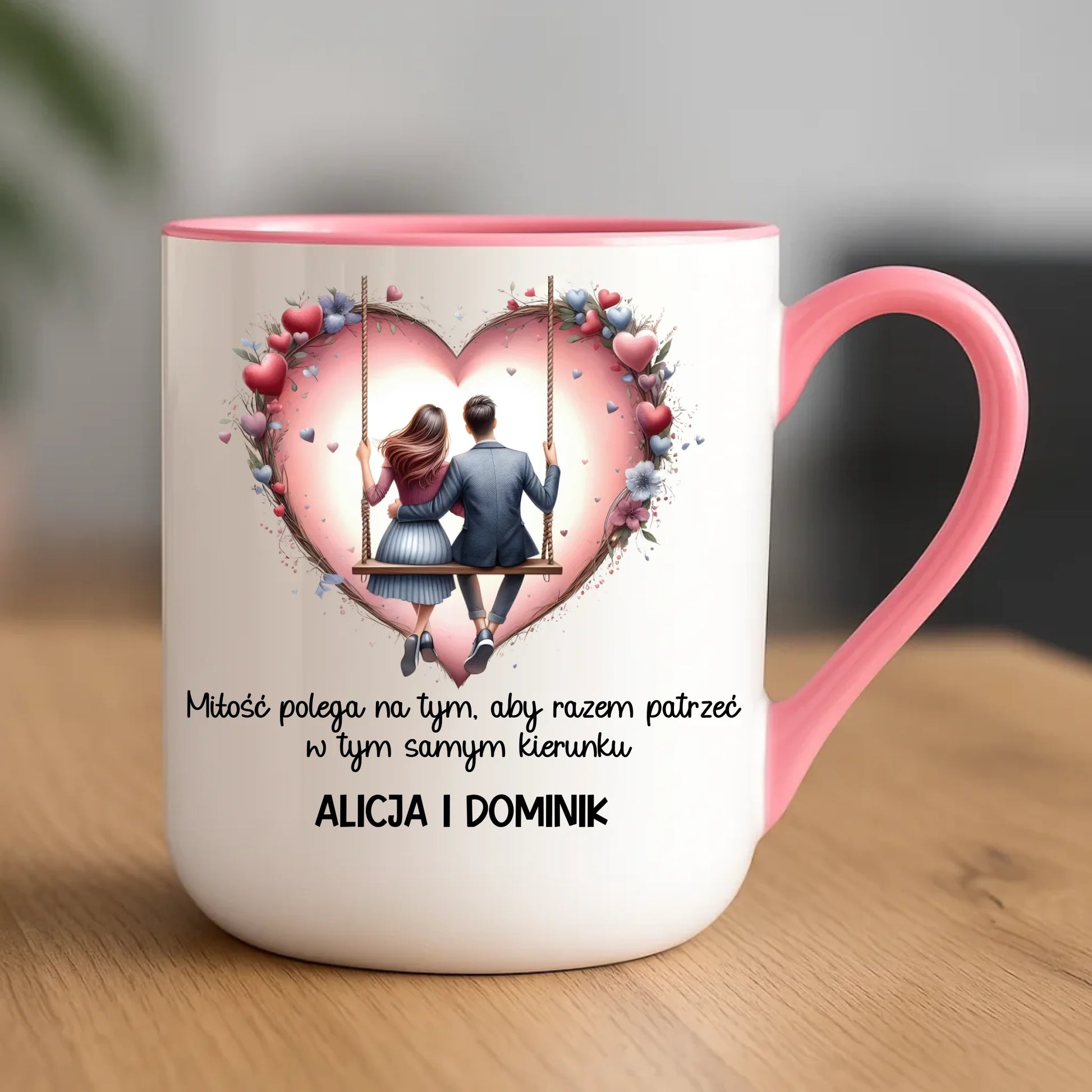 Kubek elegant dla par - prezent dla chłopaka i dziewczyny - Para na huśtawce - personalizowany W12 - StoryCups.pl